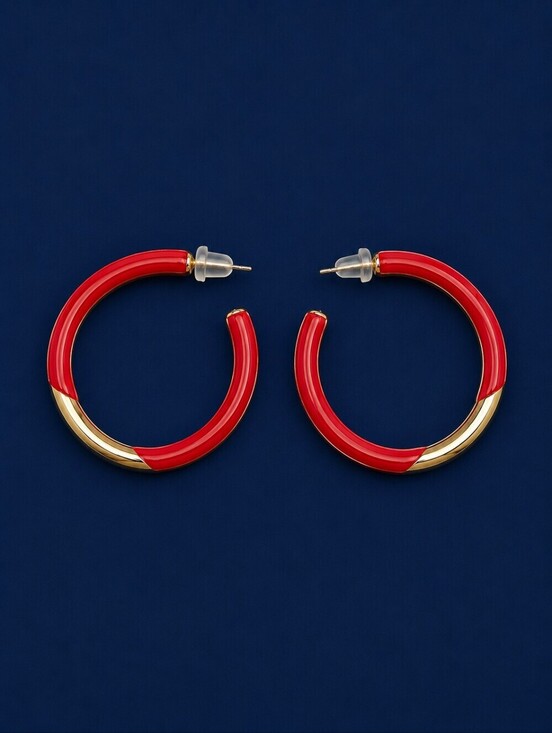 Vintage Jewelry - 3/$30 VTG Two-tone Red Enamel Metal Hoop Earrings